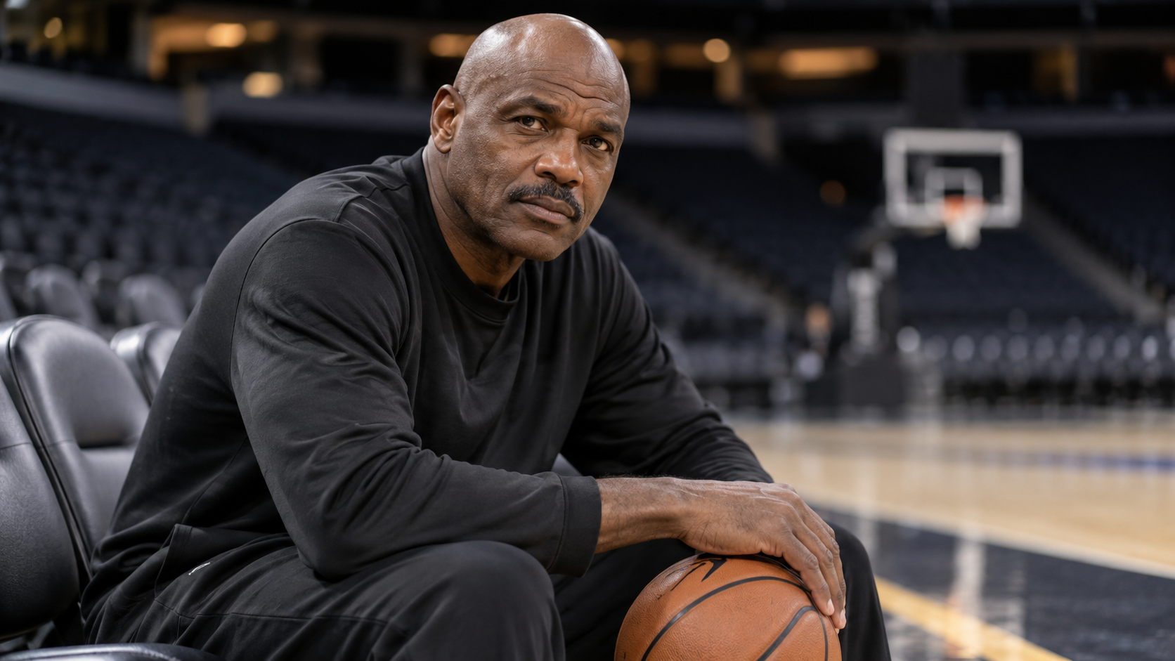 Photorealistic editorial portrait of Tim Hardaway courtside in a quiet basketball arena