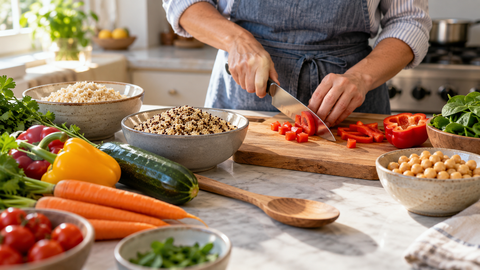 Hands prepare vegetables beside bowls of rice, quinoa, and chickpeas in a sunlit kitchen.