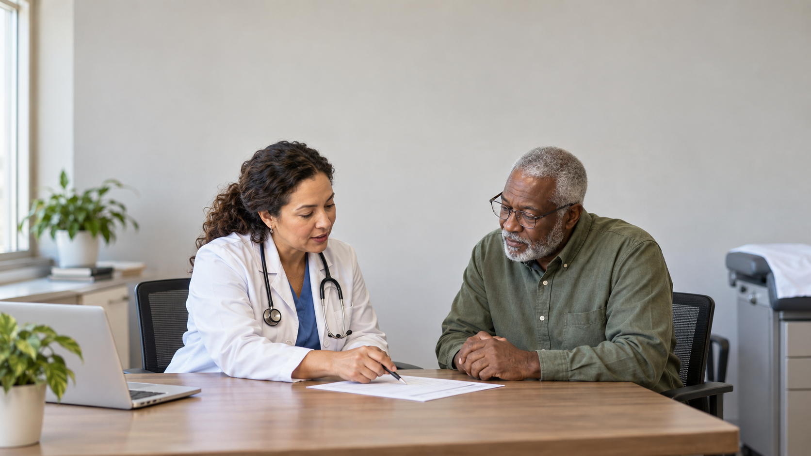 A clinician reviews a blood test with an adult patient in a bright consultation room.