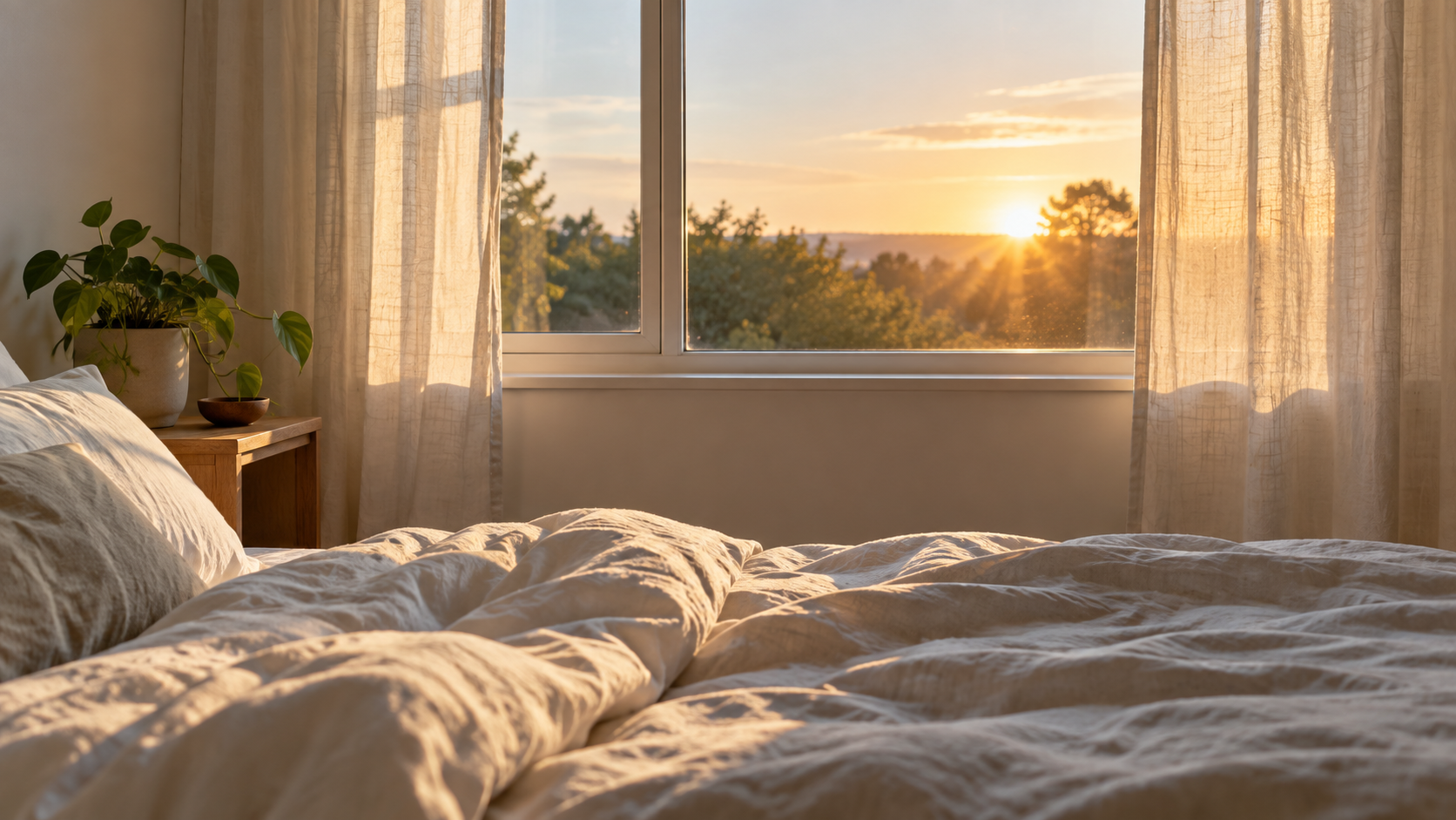Morning sunlight enters a quiet bedroom through a window framed by linen curtains.