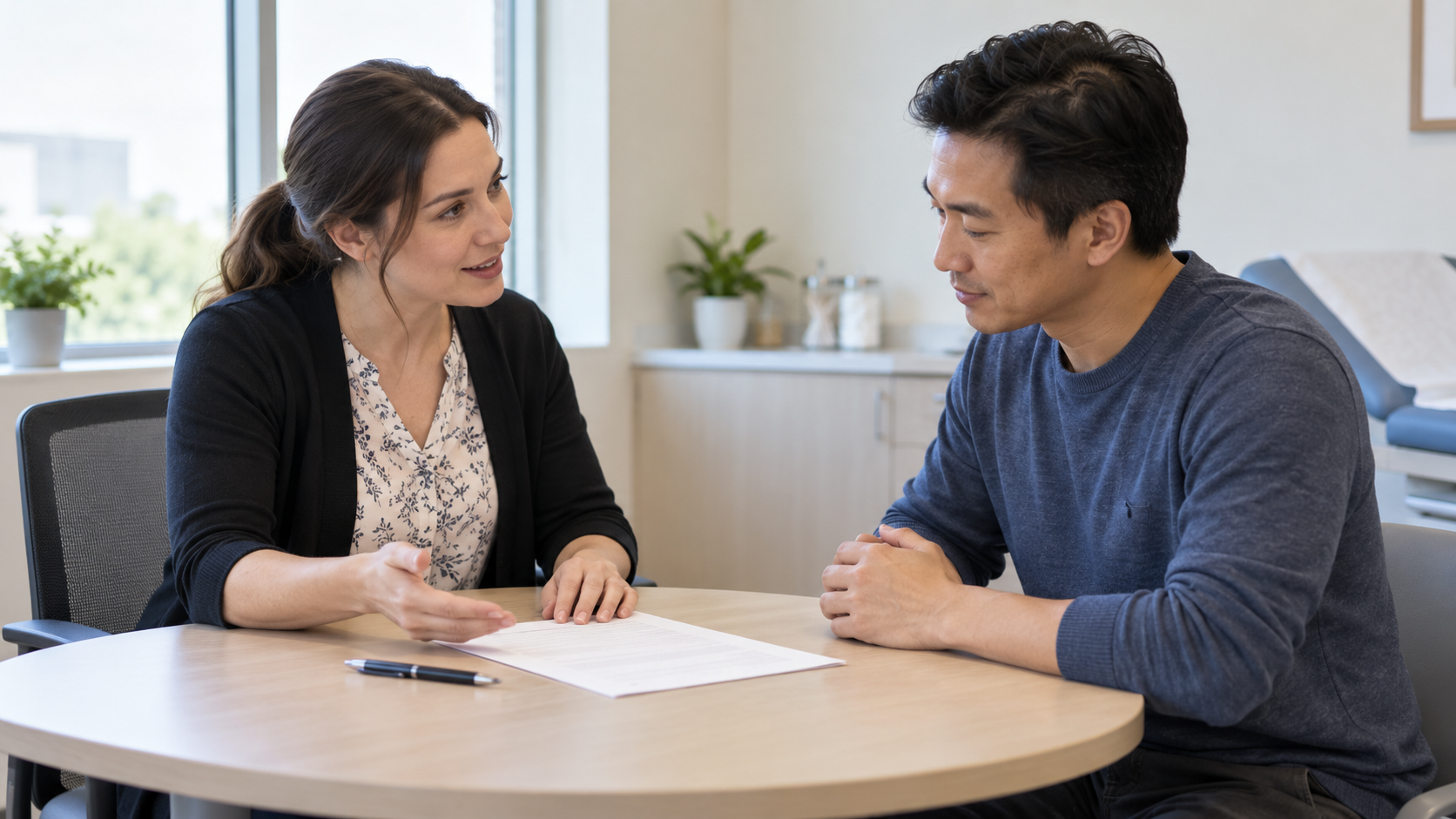 A research coordinator explains study paperwork to an adult volunteer in a clinical research office.