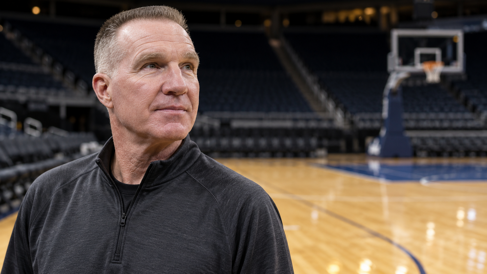 Photorealistic editorial portrait of Chris Mullin beside an empty basketball court