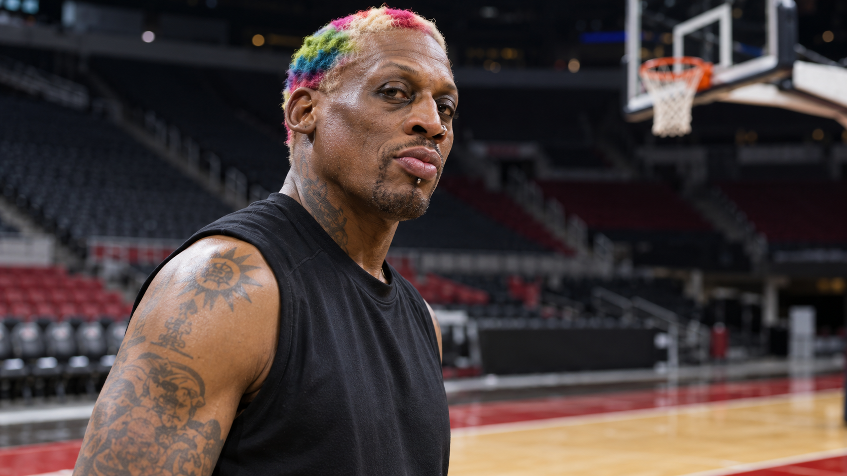Photorealistic editorial portrait of Dennis Rodman near a basketball baseline