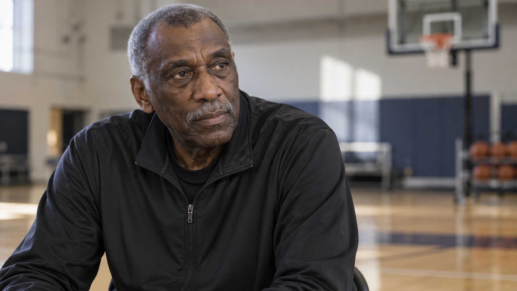 Photorealistic editorial portrait of Bob McAdoo in an empty basketball practice gym