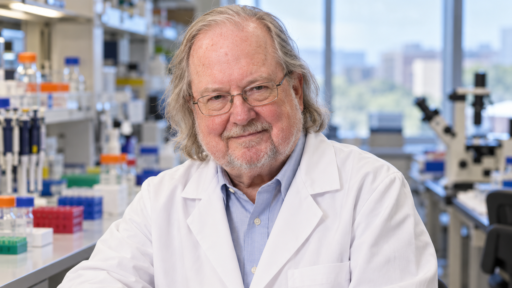 AI-created realistic portrait of James P. Allison in a biomedical research laboratory.