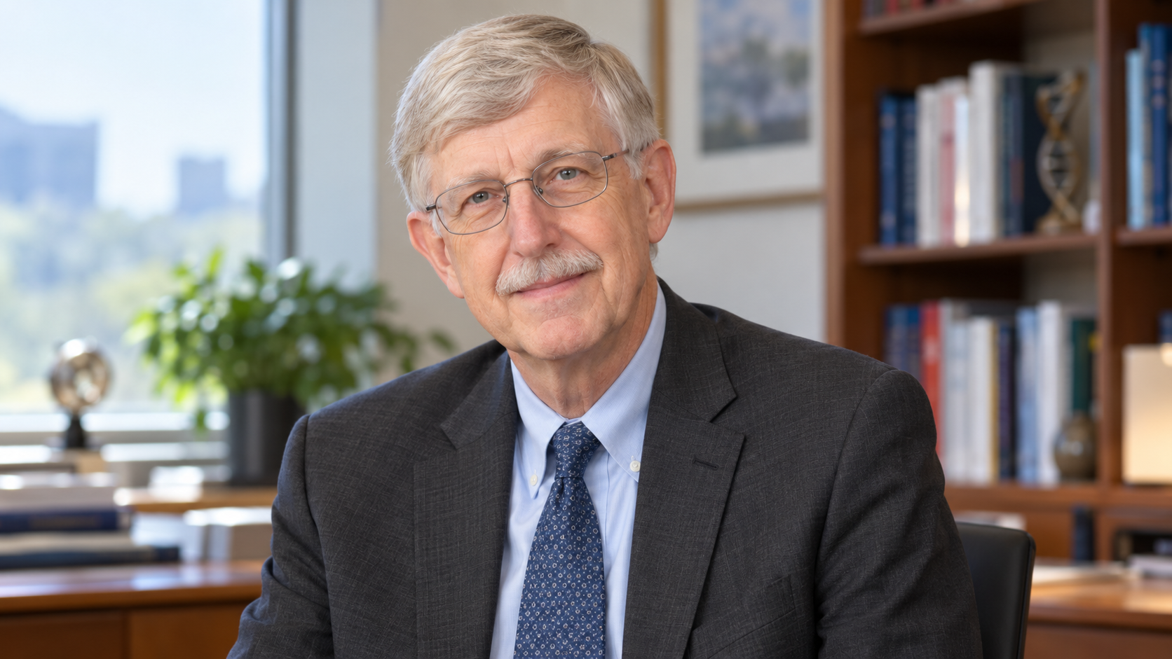 AI-created realistic portrait of Francis Collins in a biomedical institute office.