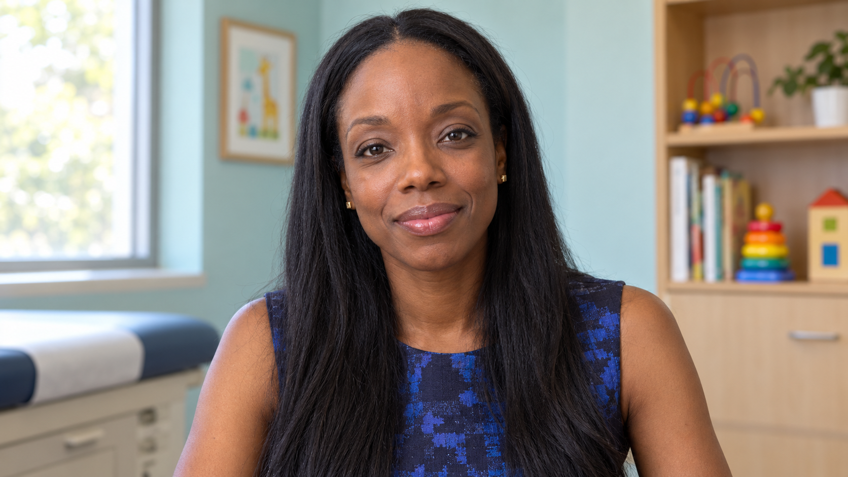 AI-created realistic portrait of Nadine Burke Harris in a pediatric clinic consultation room.
