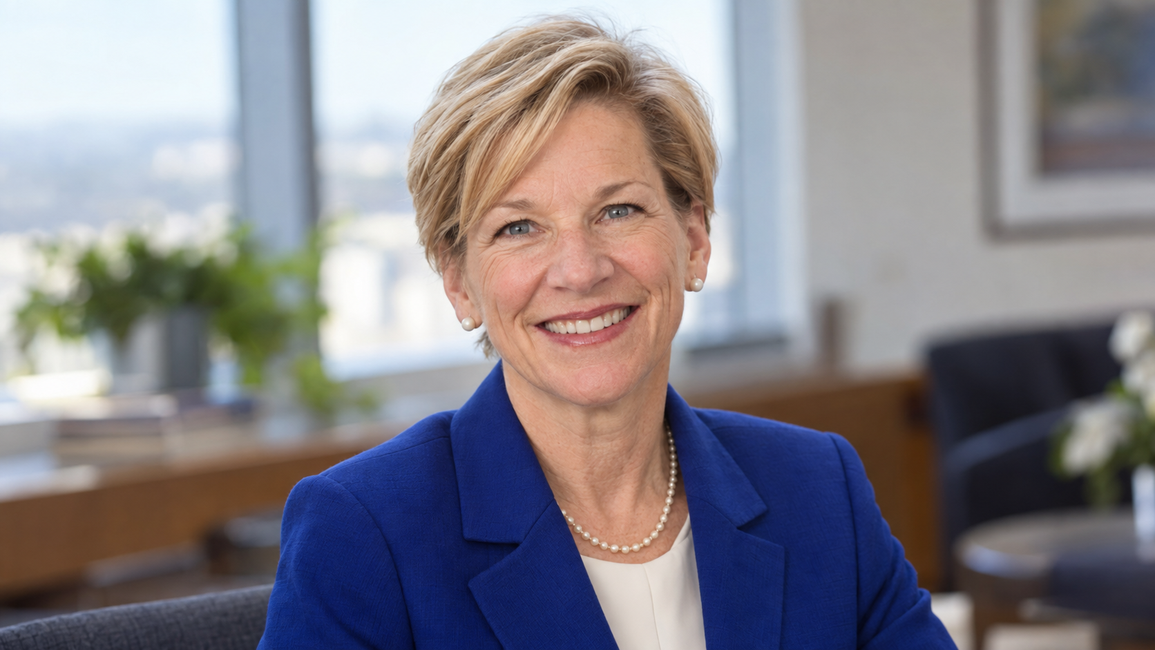 AI-created realistic portrait of Sue Desmond-Hellmann in a public health office.