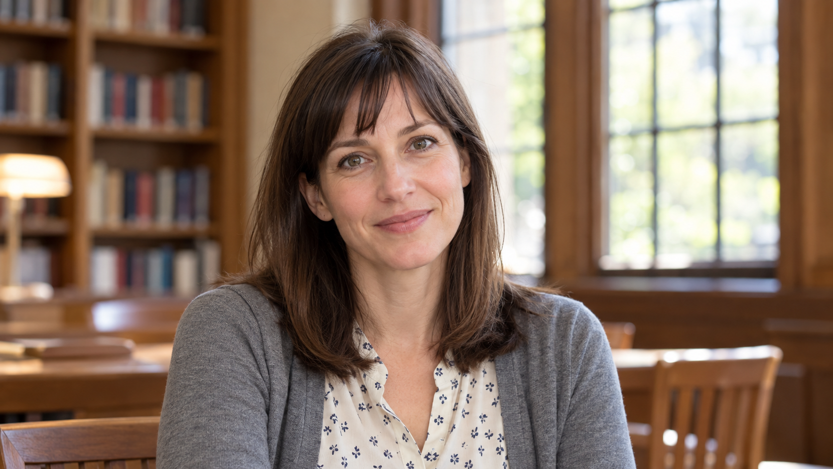 AI-created realistic portrait of Lucy Kalanithi in a campus reading room.