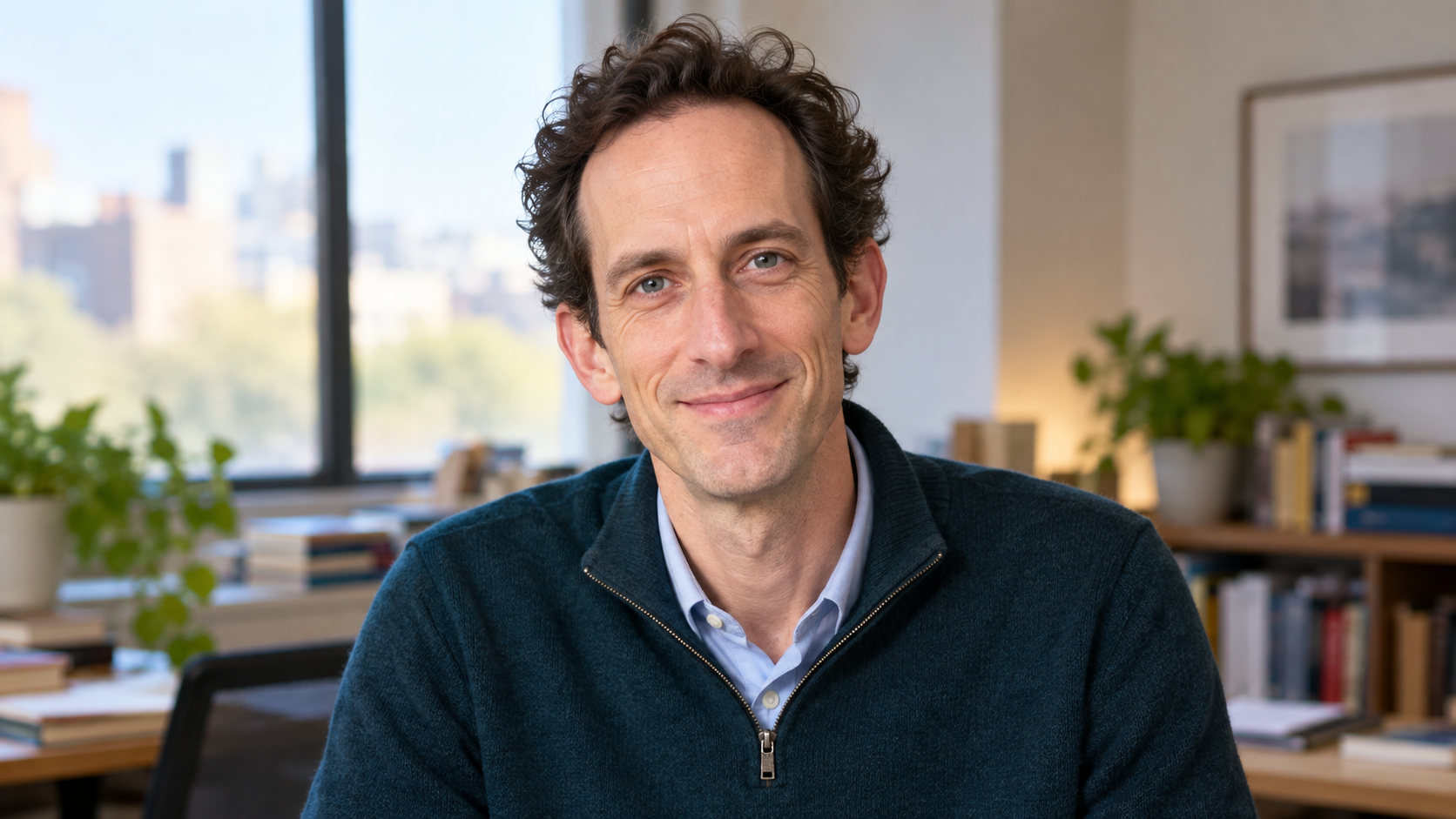 AI-created realistic portrait of Thomas Goetz in a health information editorial office.
