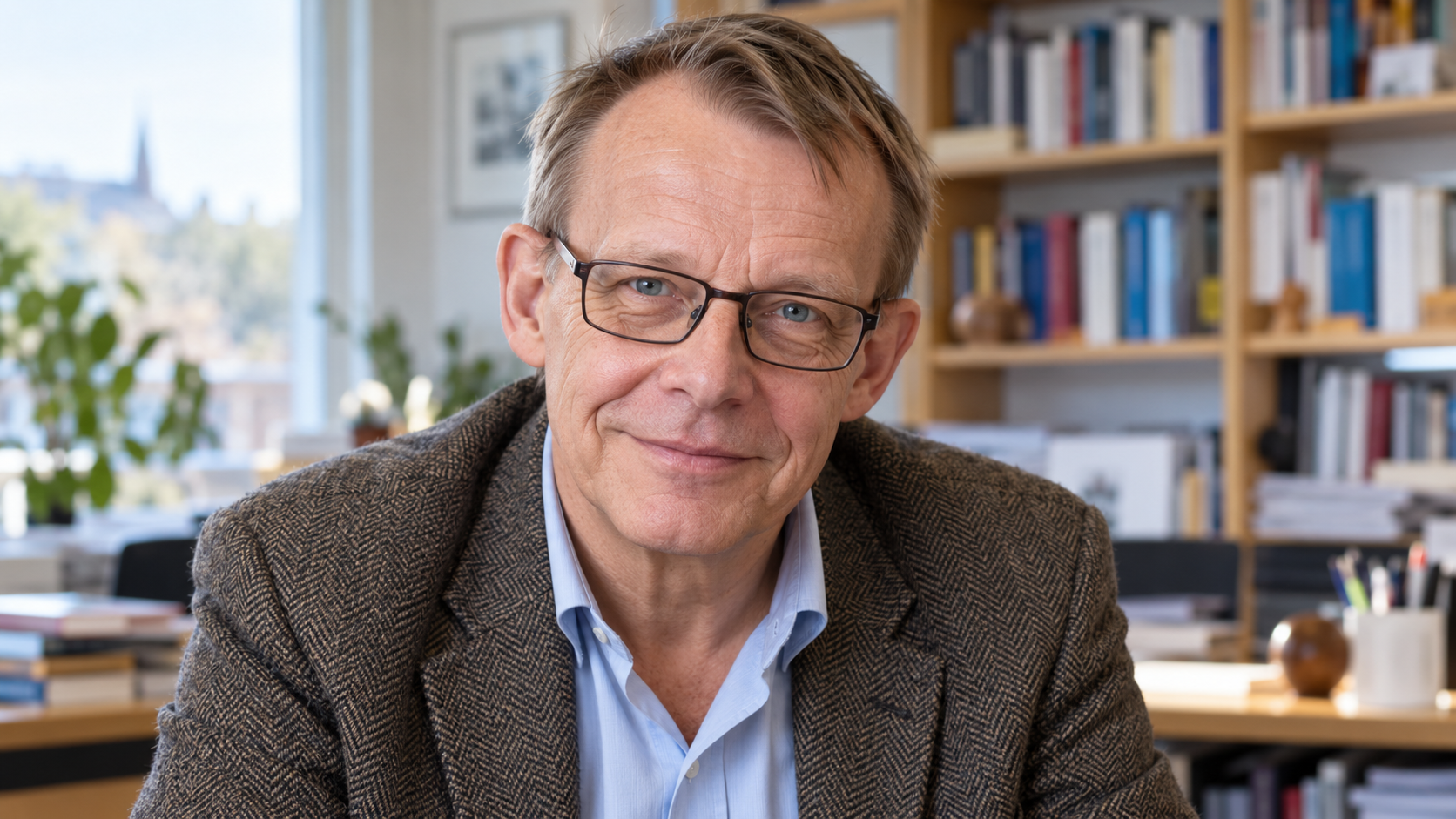 AI-created realistic portrait of Hans Rosling in a Scandinavian university office.