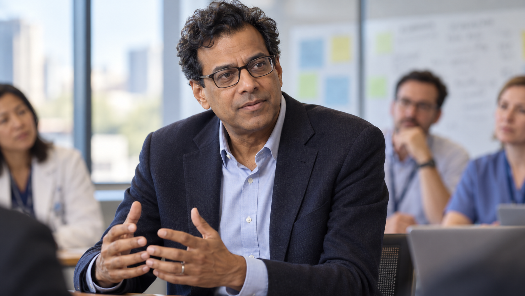 AI-created realistic portrait of Atul Gawande in a health systems team meeting room.