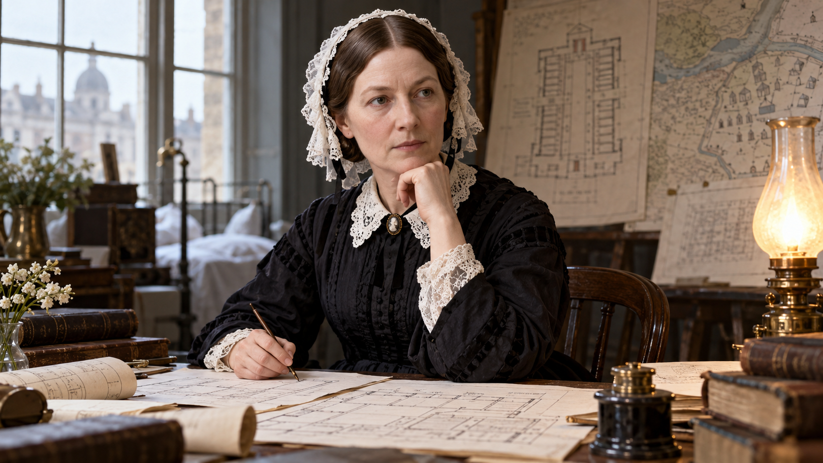 AI-created realistic portrait of Florence Nightingale in a Victorian hospital planning study.