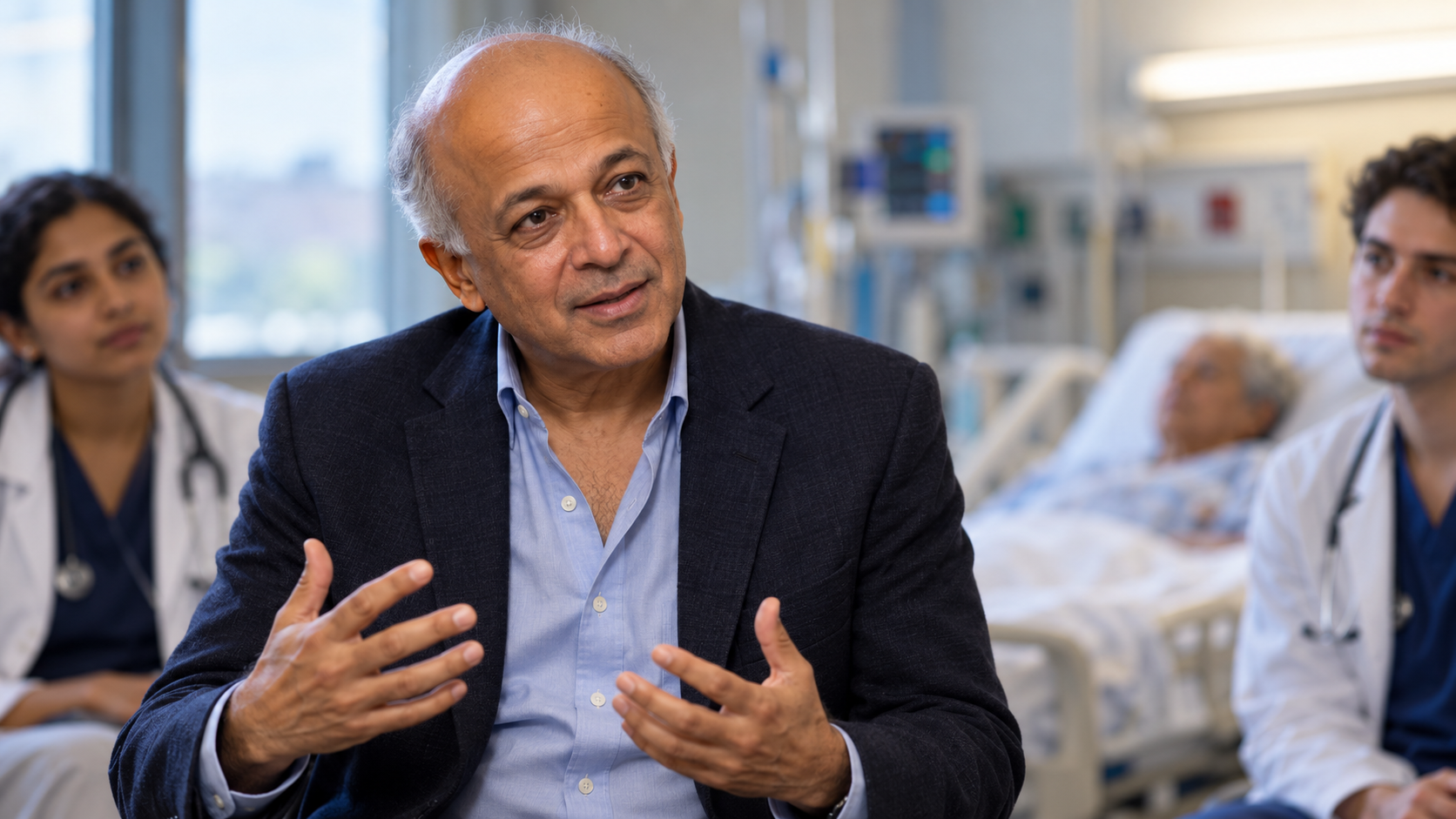 AI-created realistic portrait of Abraham Verghese in a bedside teaching room.