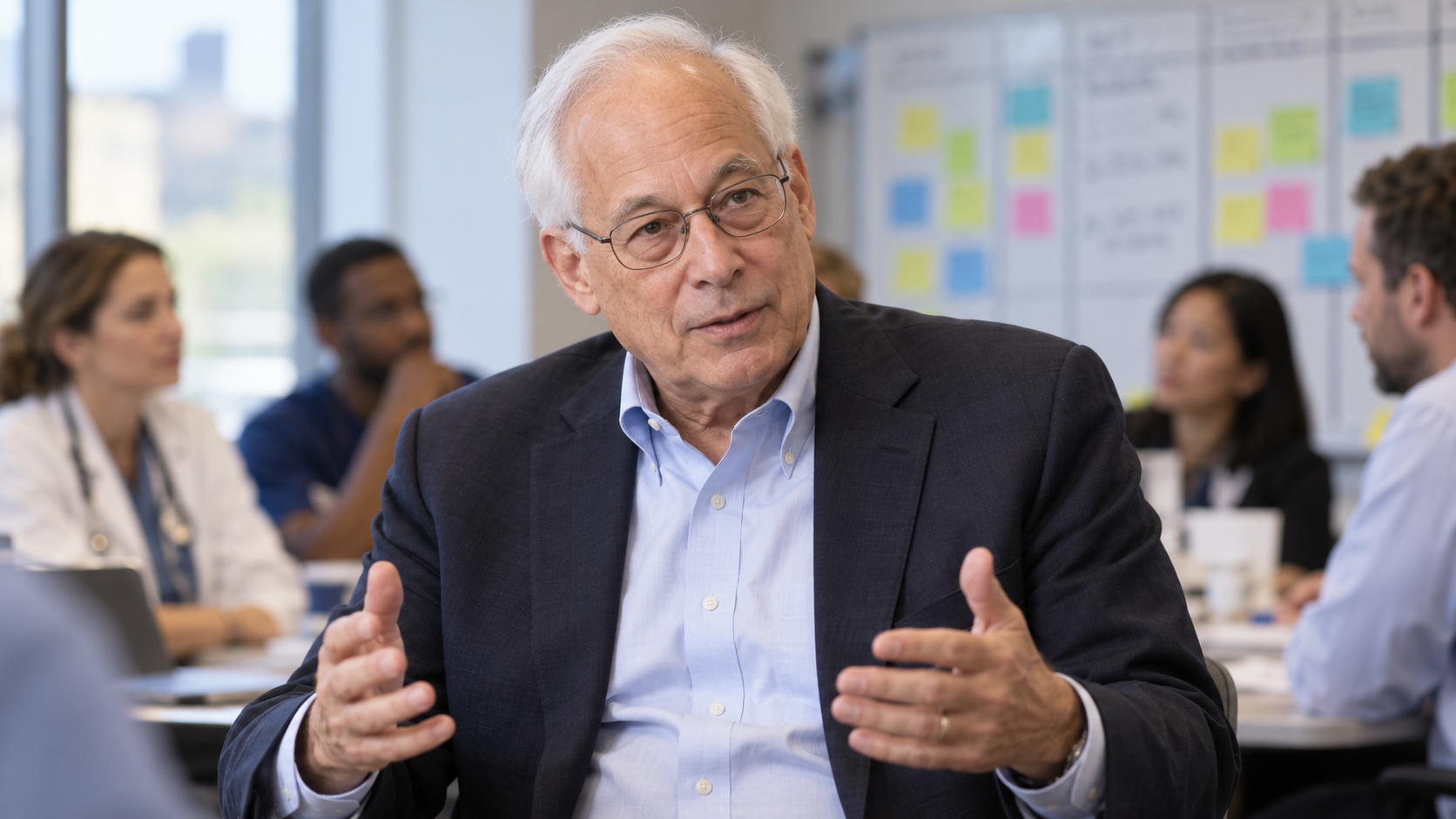AI-created realistic portrait of Donald Berwick in a patient safety planning room.