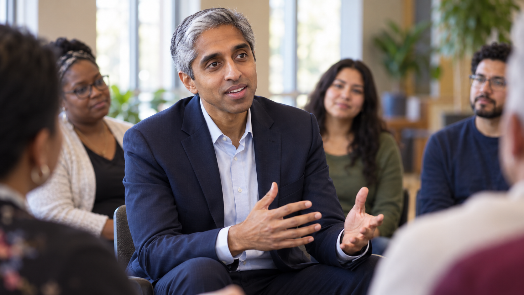 AI-created realistic portrait of Vivek Murthy in a community listening session.