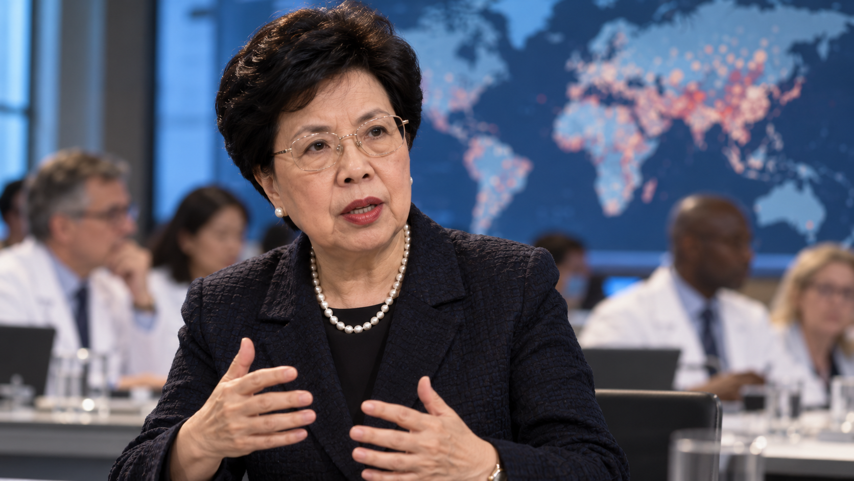 AI-created realistic portrait of Margaret Chan in a WHO antimicrobial resistance briefing room.