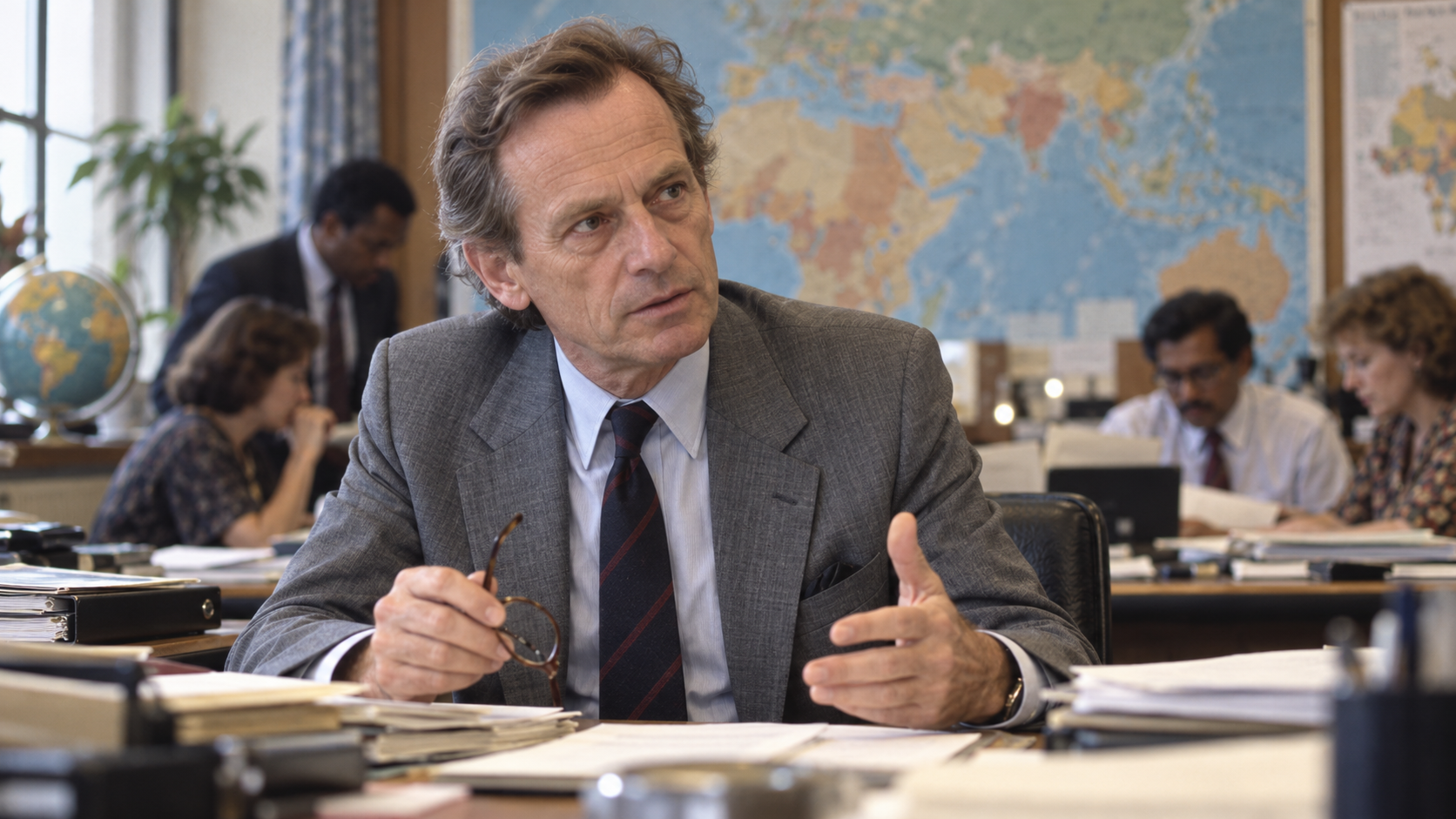 AI-created realistic portrait of Halfdan Mahler in a 1981 WHO primary care planning office.