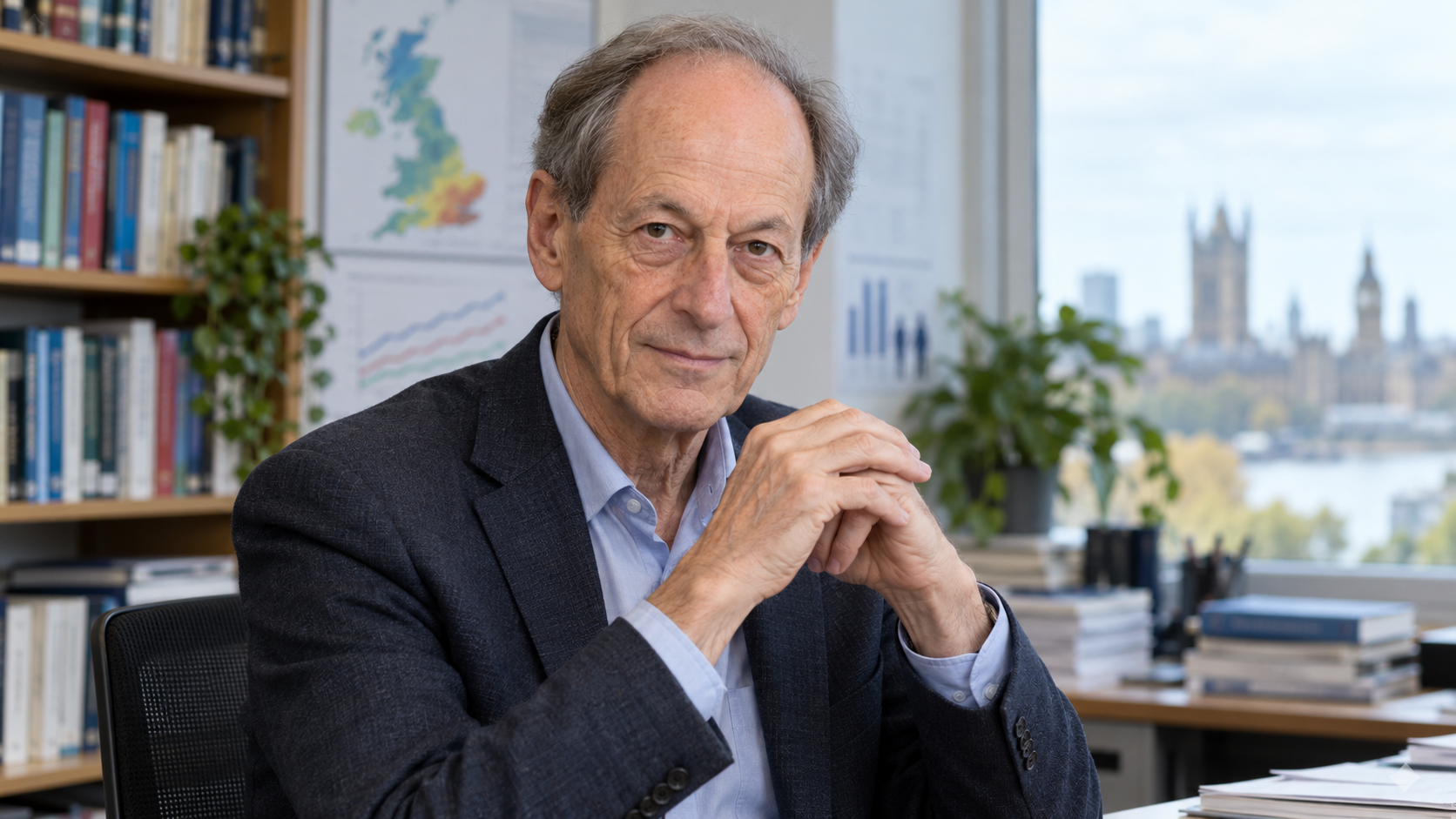 AI-created realistic portrait of Michael Marmot in a public health research office.