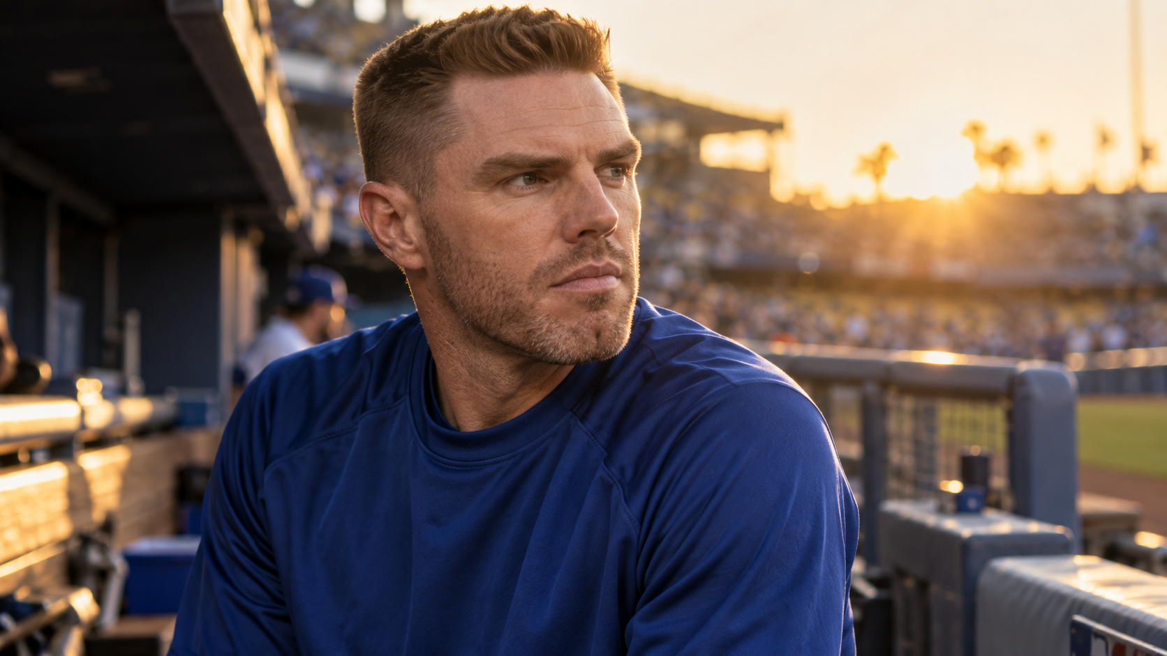 Photorealistic editorial portrait of Freddie Freeman beside a baseball dugout