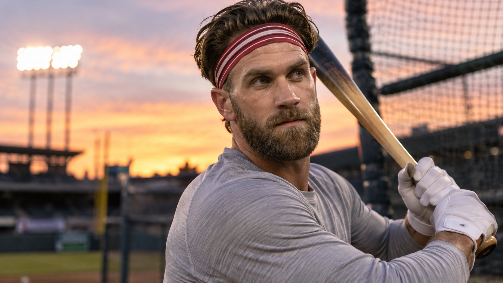 Photorealistic editorial portrait of Bryce Harper near a baseball batting cage
