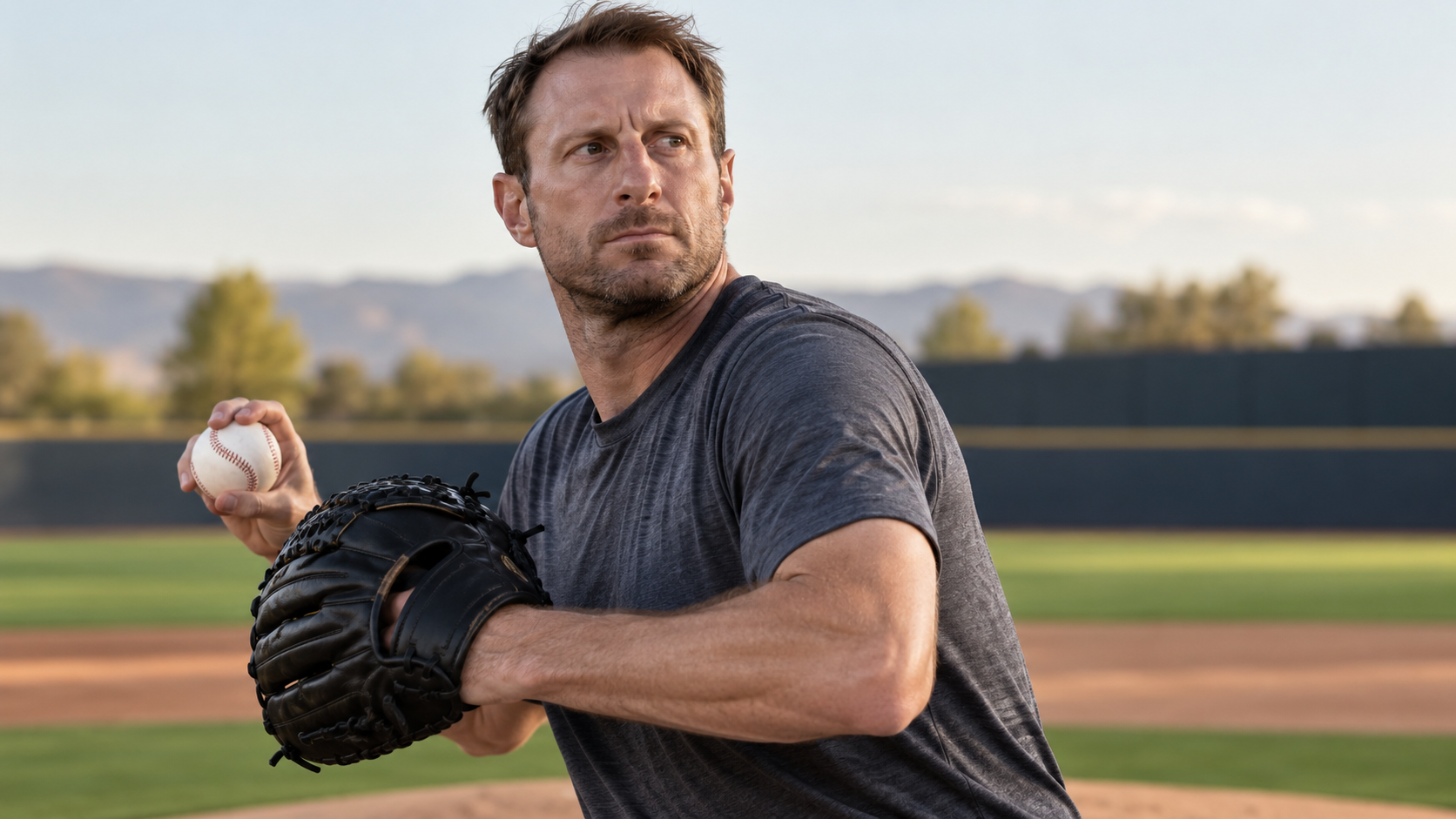 Photorealistic editorial portrait of Max Scherzer on a quiet baseball mound