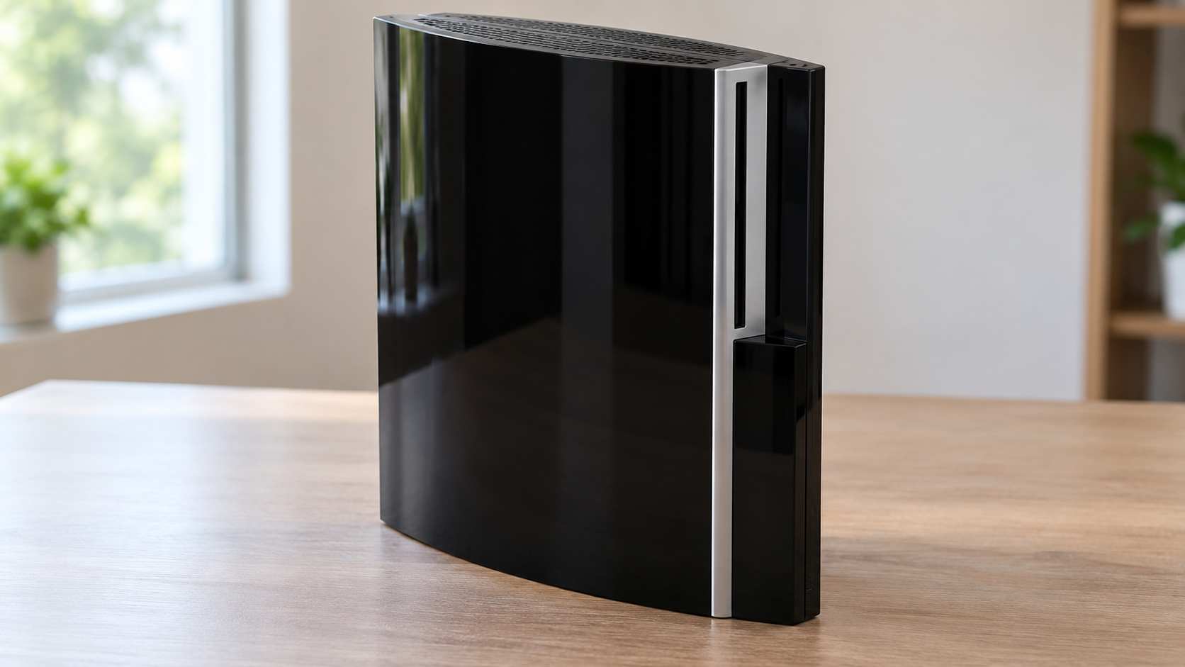 AI-generated reconstruction of an original launch-type PlayStation 3 console with branding omitted.