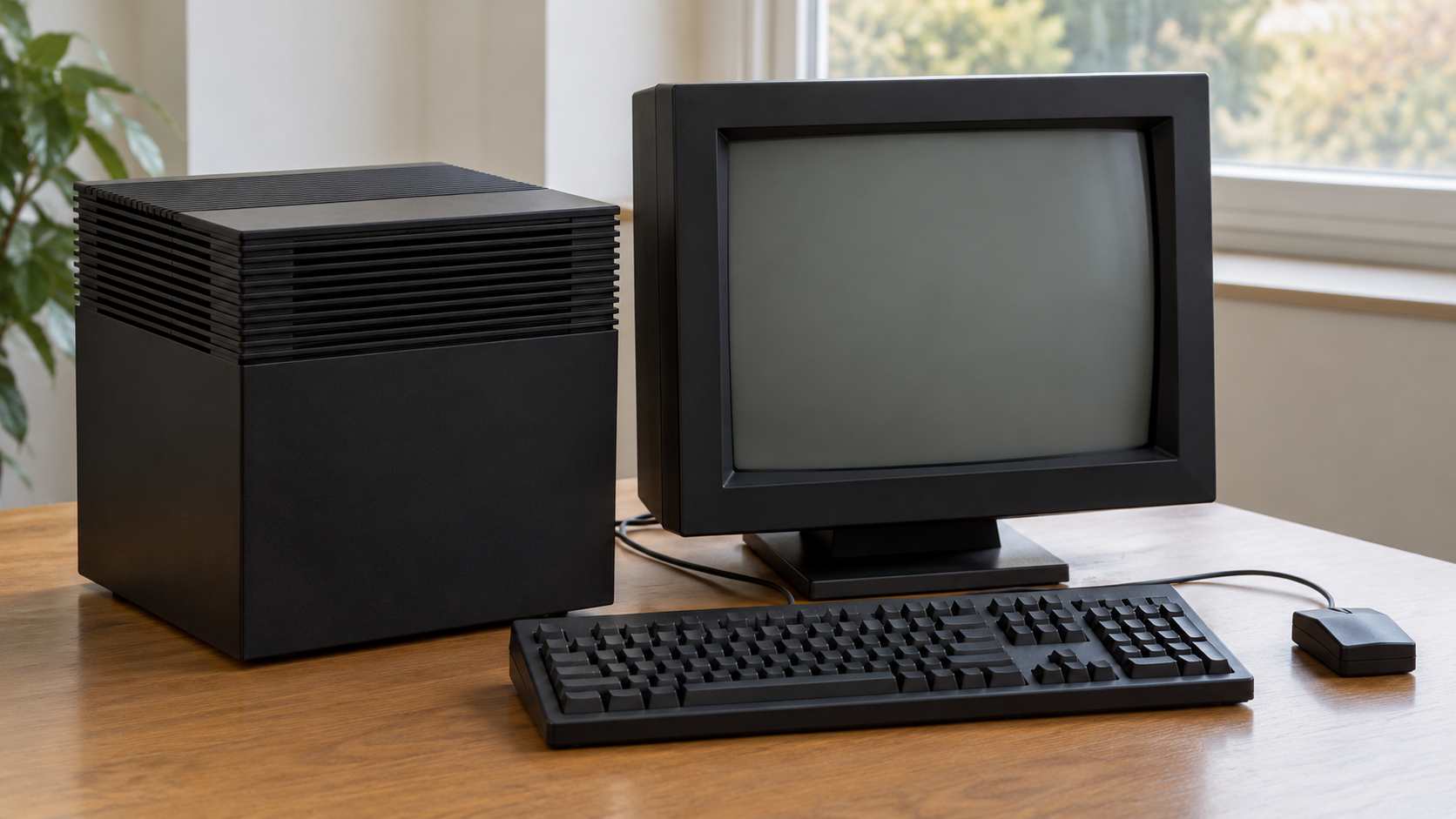 AI-generated reconstruction of NeXT hardware associated with the first Web server; not an exact 1990 office scene.