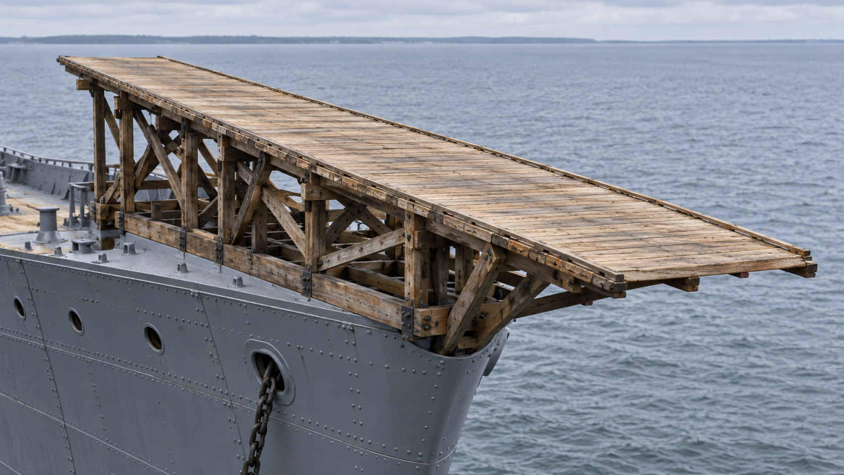 AI-generated reconstruction of the temporary wooden launch platform fitted to USS Birmingham in 1910.