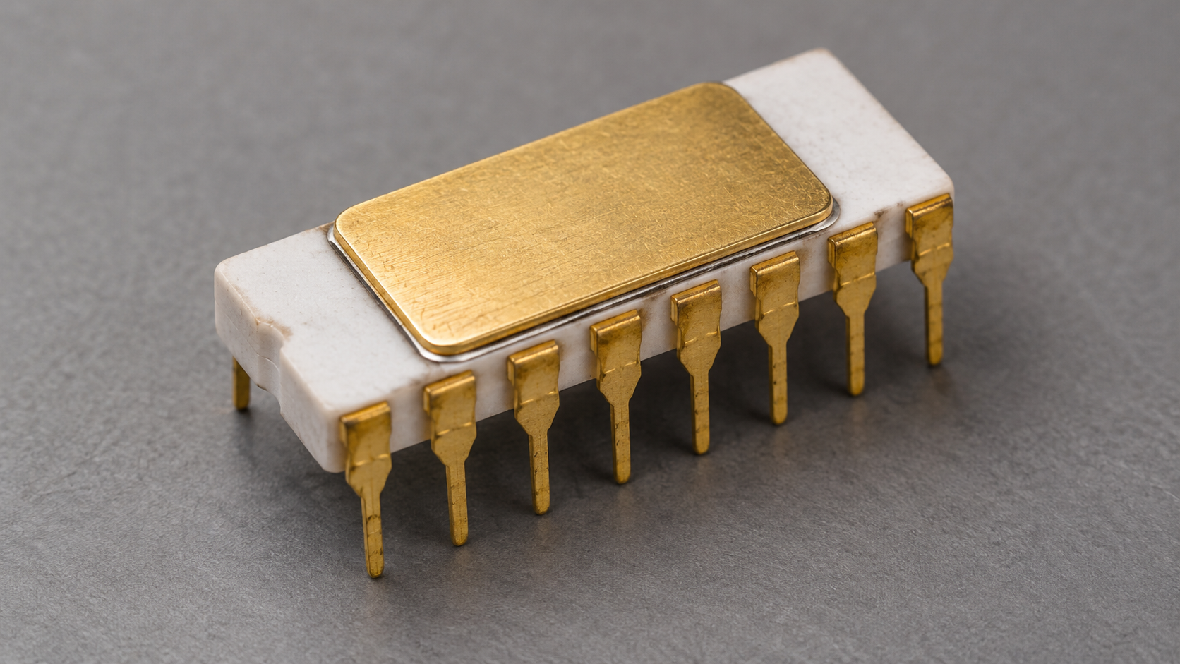 AI-generated reconstruction of an early 4004-style ceramic processor package with sixteen gold leads; markings omitted.
