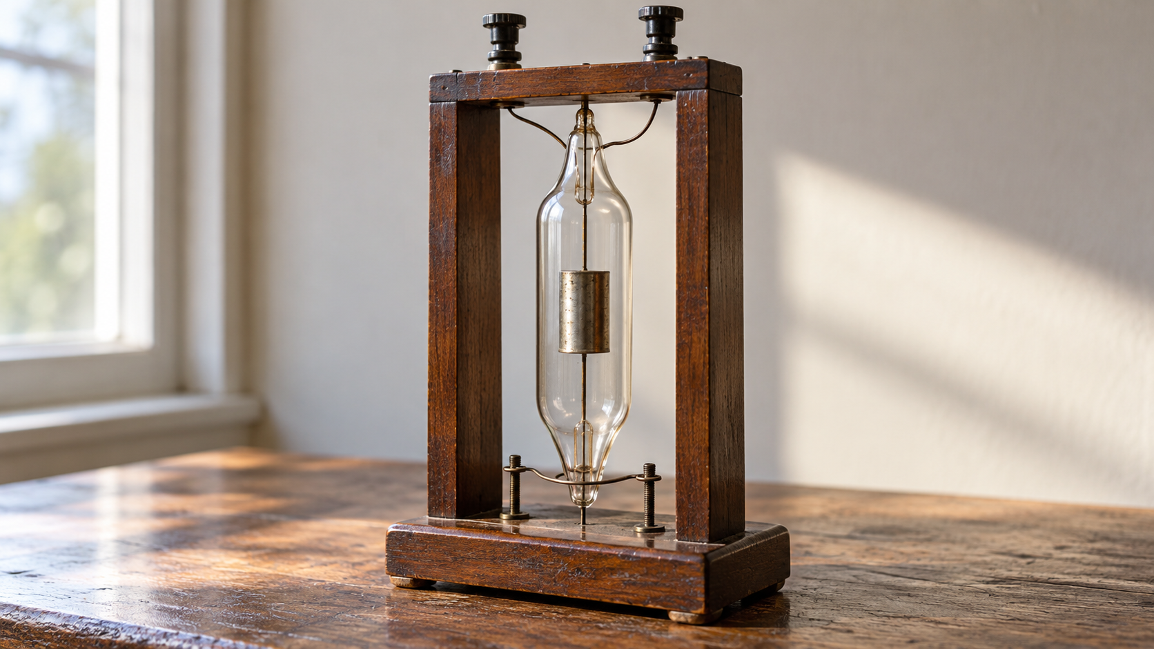 AI-generated reconstruction of an experimental Fleming-type valve in a wooden testing frame.