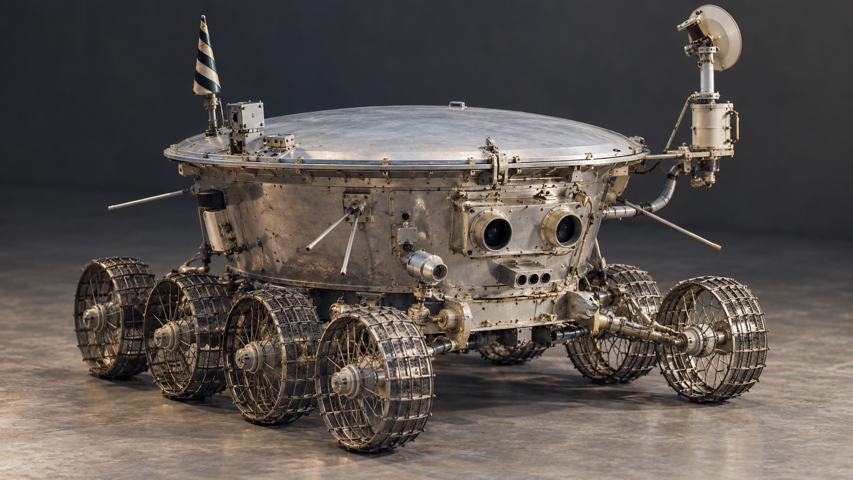 AI-generated reconstruction of Lunokhod 1’s tub-shaped body, wire-mesh wheels and camera equipment.