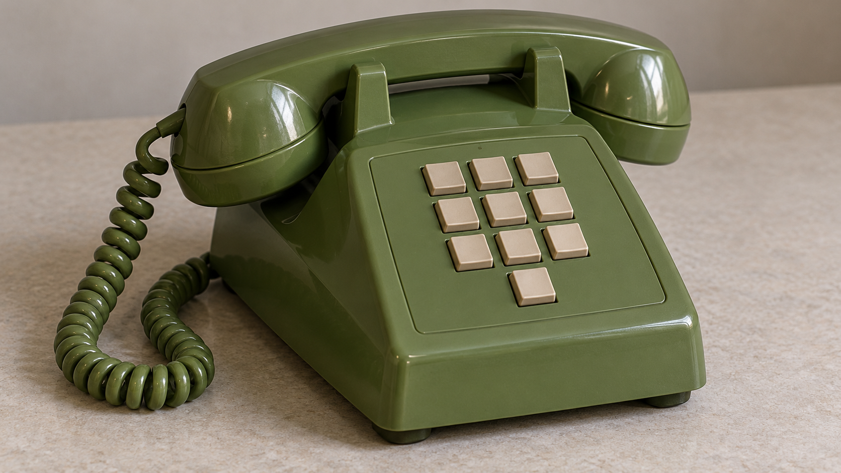 AI-generated reconstruction of a ten-button early Touch-Tone desk telephone with markings omitted.