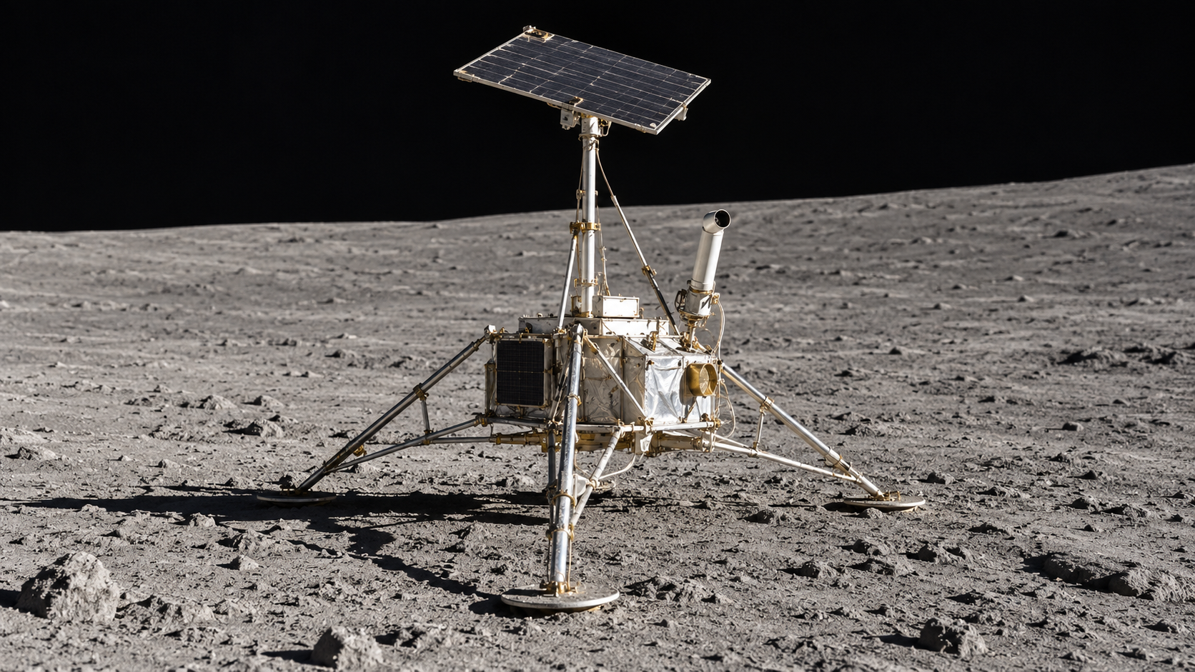 AI-generated reconstruction of Surveyor 3, Apollo 12’s precision-landing target; not an archival photograph or the landing moment.