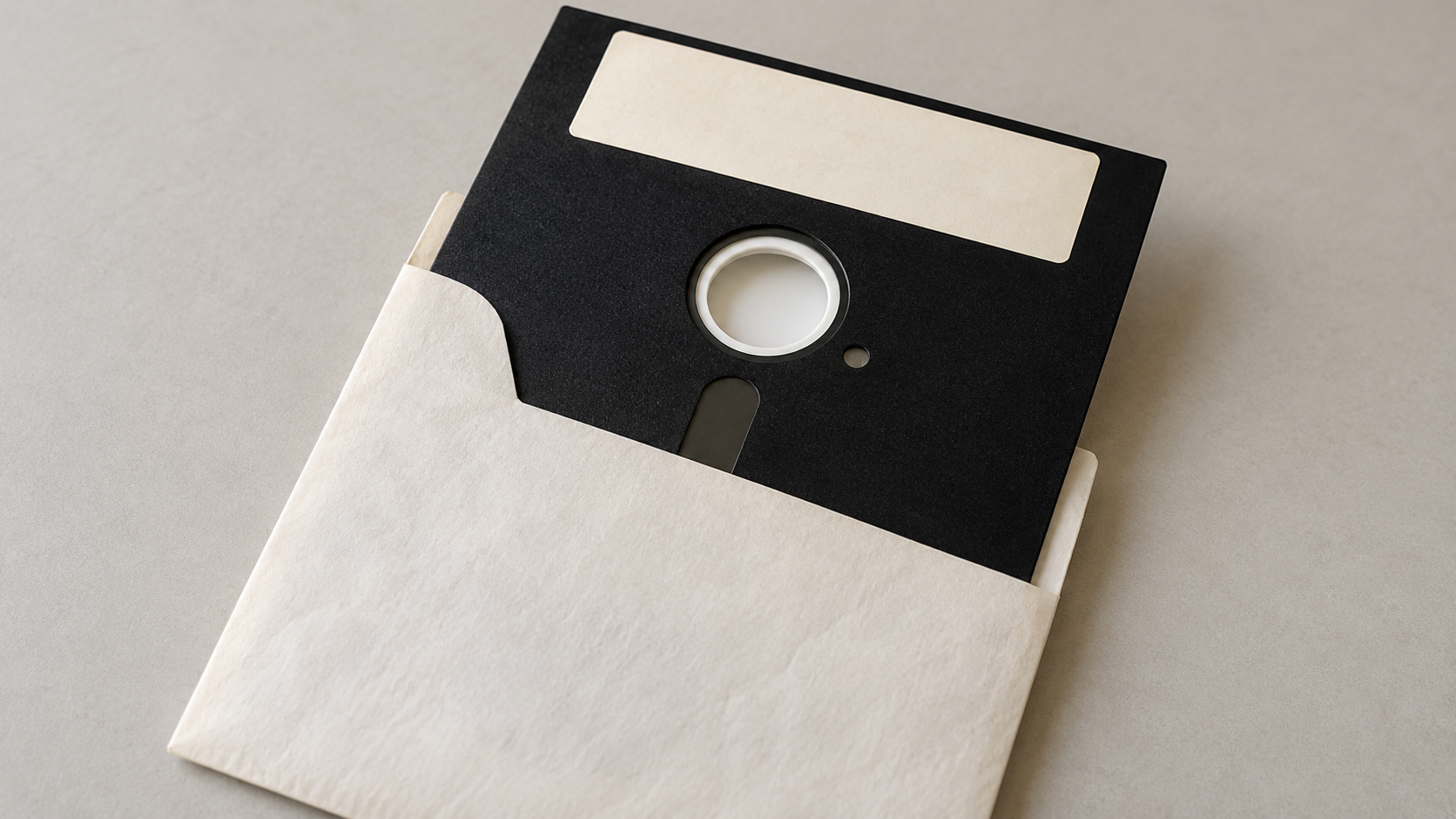 AI-generated reconstruction of a 5.25-inch floppy disk representing Windows 1.0 distribution media; label omitted.