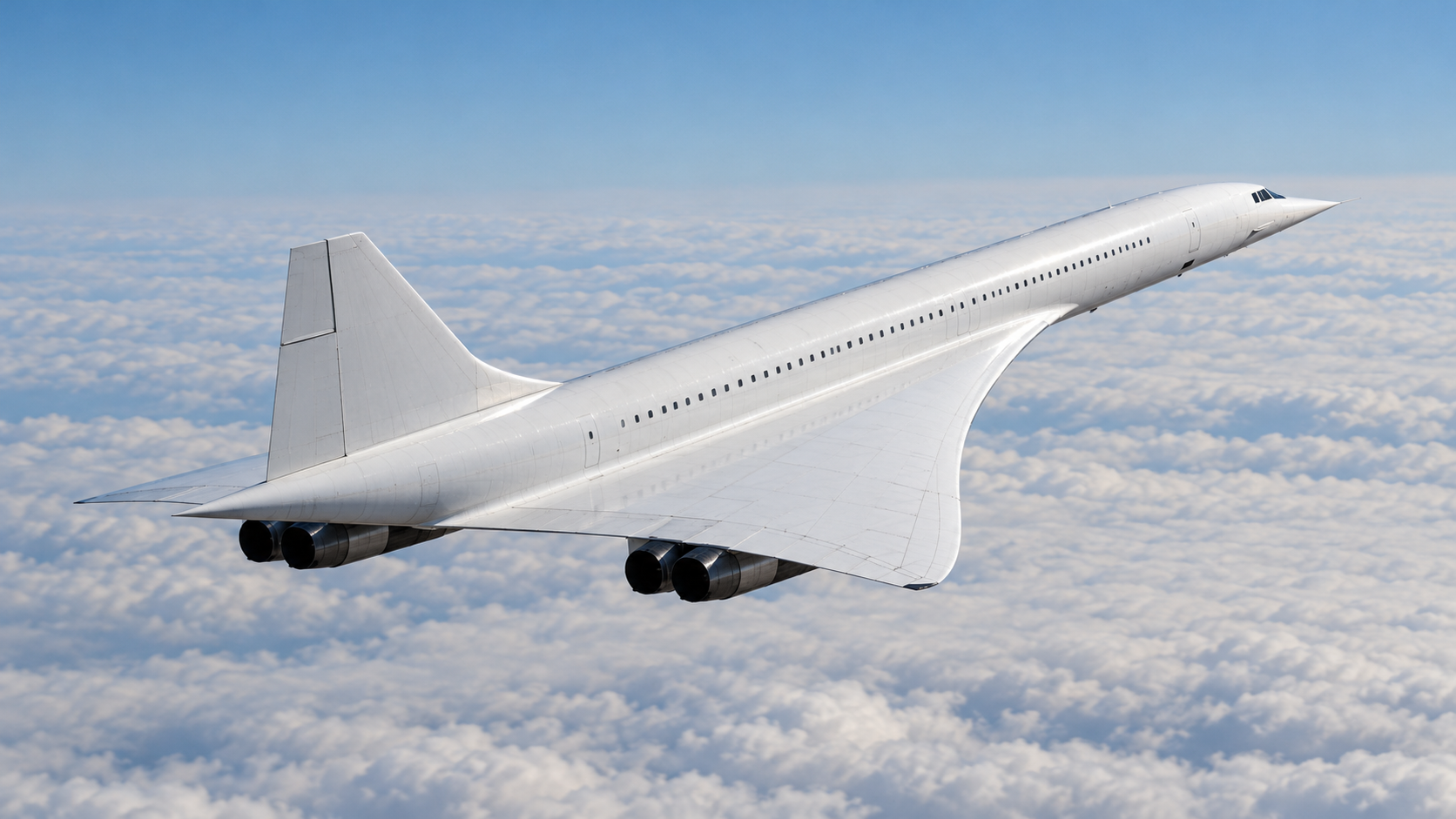 Historical reconstruction of a production Concorde in flight with tailless delta wings