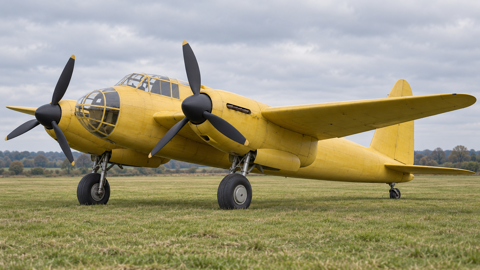 Historical reconstruction of the yellow Mosquito prototype parked on grass