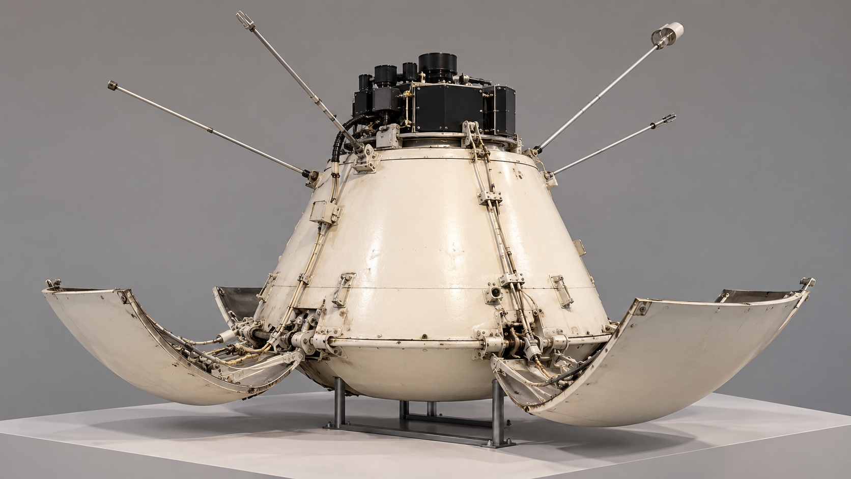 Historical reconstruction of the common Mars 2 and Mars 3 lander design on a museum support