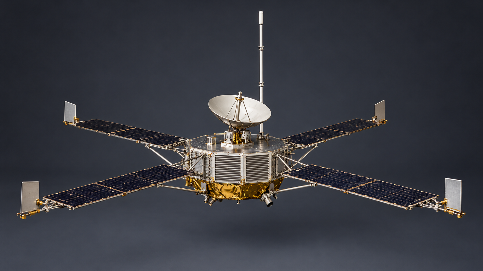 Historical reconstruction of Mariner 4 with four solar arrays and communications antennas