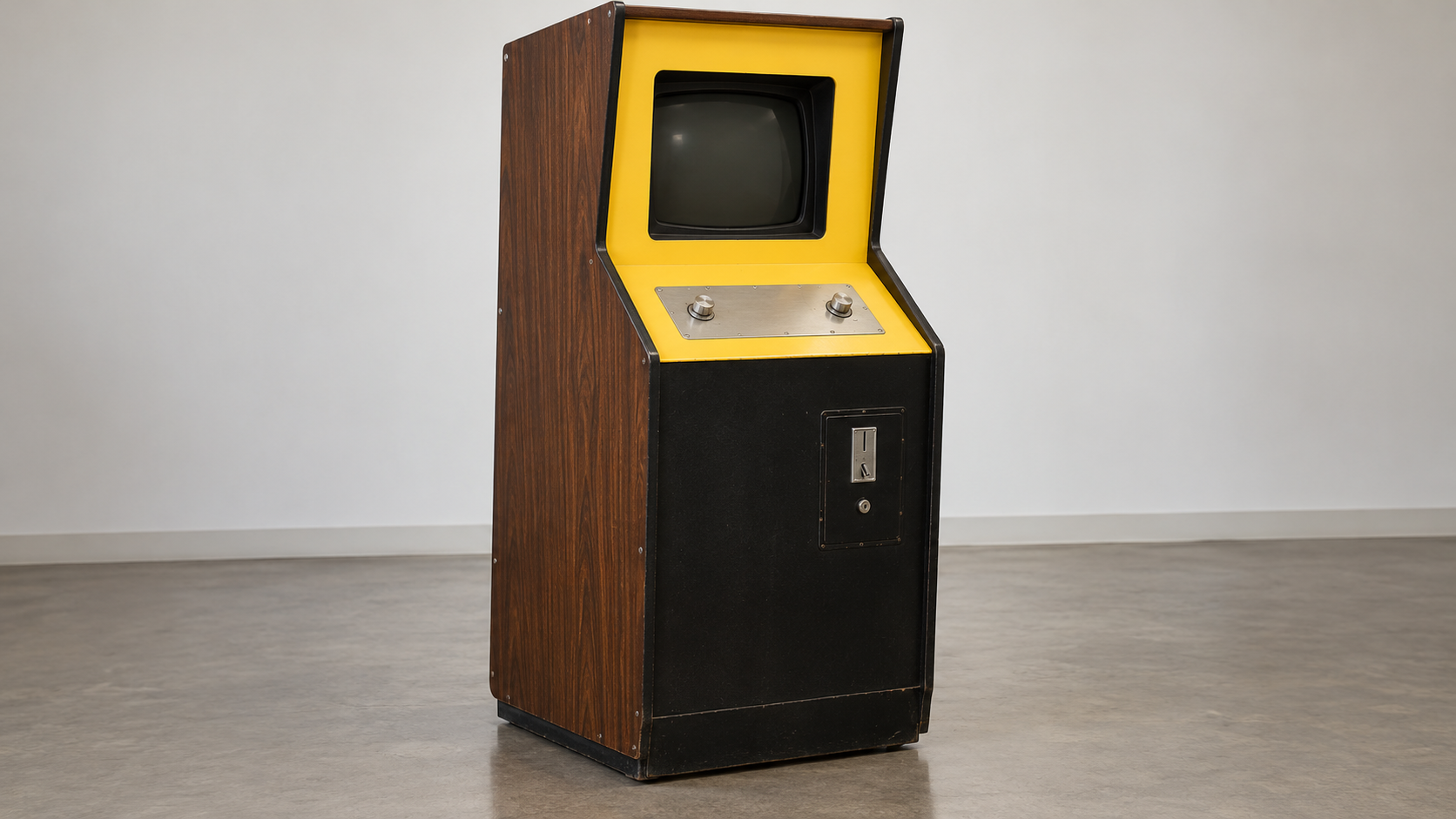 Historical reconstruction of an early Pong arcade cabinet with its screen switched off