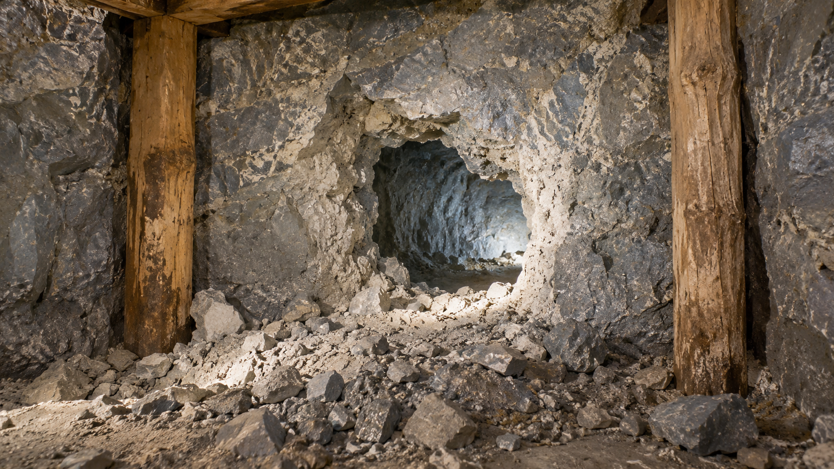 Historical reconstruction of a rough chalk service-tunnel breakthrough with timber supports and rubble beneath the English Channel.