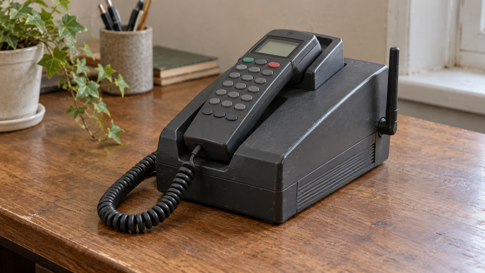 Historical reconstruction of an early transportable cellular phone with a corded handset and keypad, like the Orbitel 901 used for the first SMS.