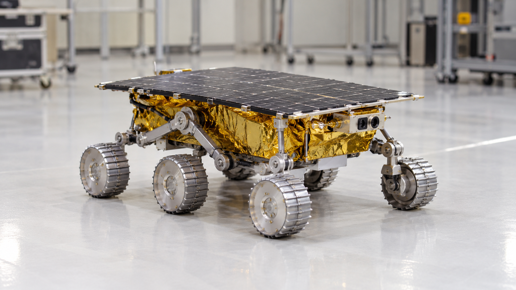 Historical reconstruction of the six-wheeled Sojourner Mars rover with a flat solar-panel deck in a cleanroom setting.