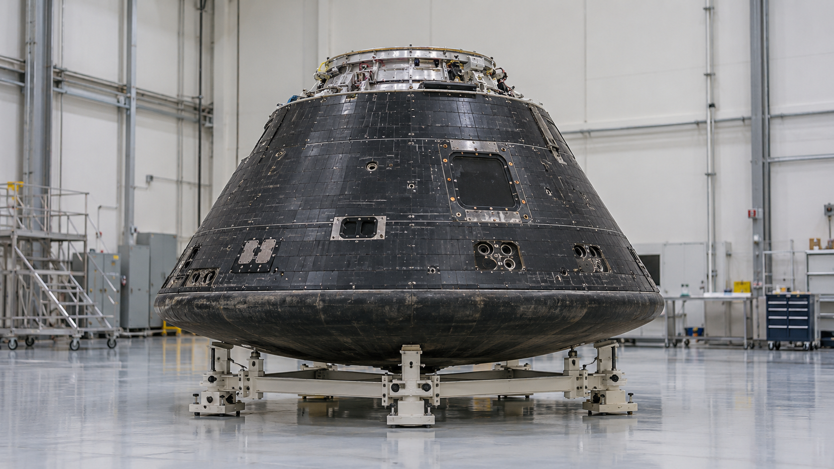 Historical reconstruction of the black-tiled Orion EFT-1 crew capsule on a support in a cleanroom setting.