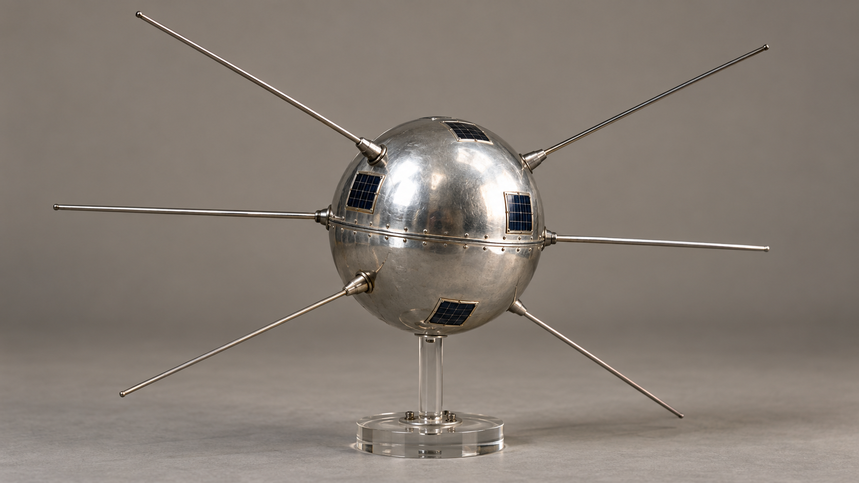 Historical reconstruction of an intact Vanguard-type satellite with silver spherical body, solar-cell windows, and six rod antennas.