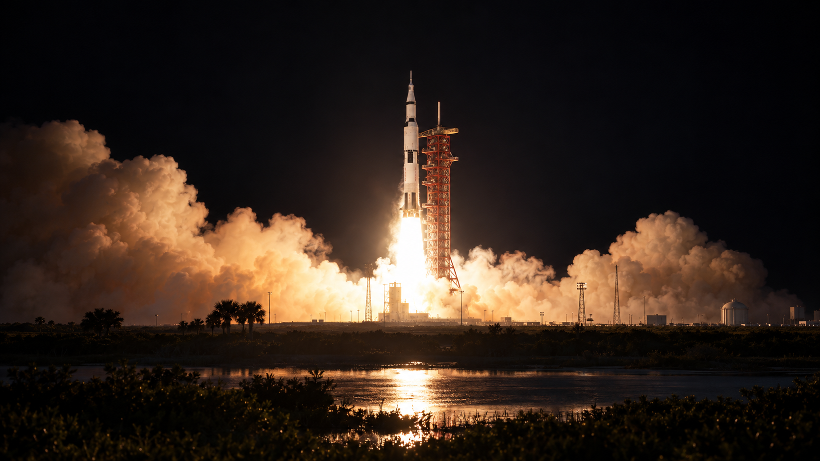 Historical reconstruction evoking the Saturn V launch of Apollo 17 at night, with illuminated exhaust beside the launch tower.