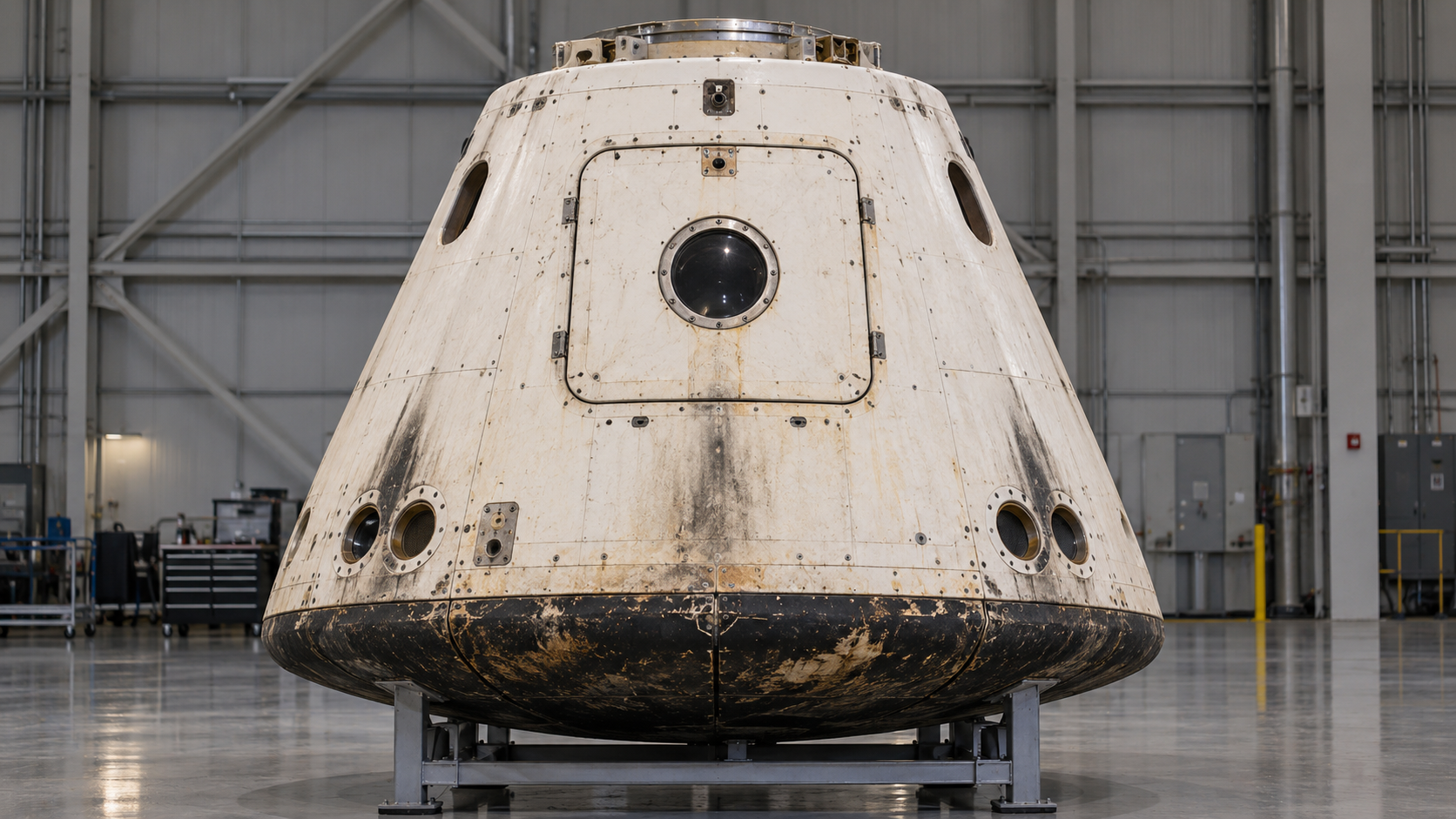 Historical reconstruction of the recovered original cargo Dragon C1 capsule with a circular hatch window and scorched heat shield.
