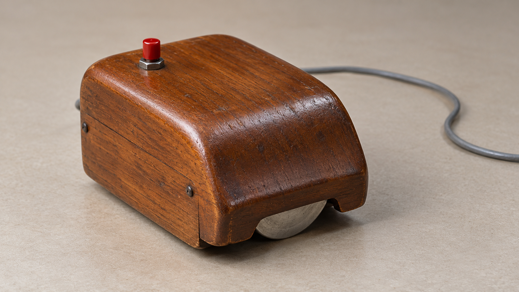 Historical reconstruction of an early wooden computer mouse prototype with one red button, tracking wheel, and trailing cable.