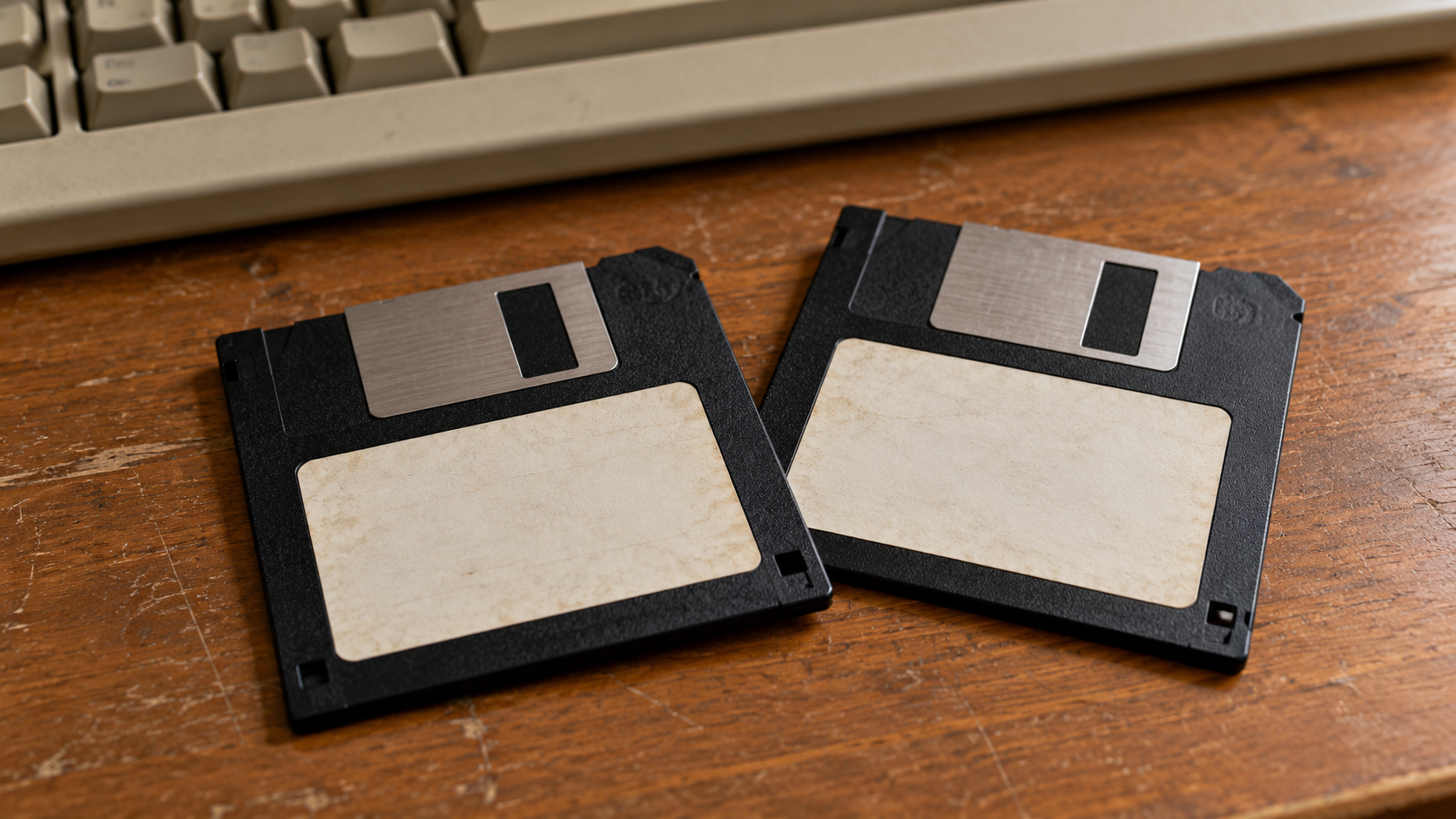 Historical reconstruction of two early-1990s 3.5-inch floppy disks representing PC shareware distribution.