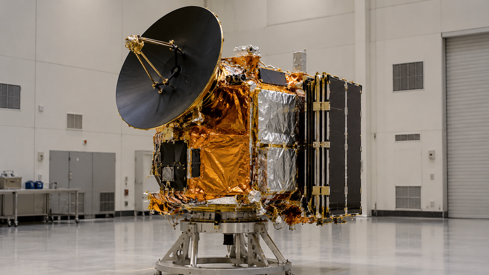 Historical reconstruction of Mars Climate Orbiter ground hardware, showing thermal blankets, black antenna dish, and folded solar panels.